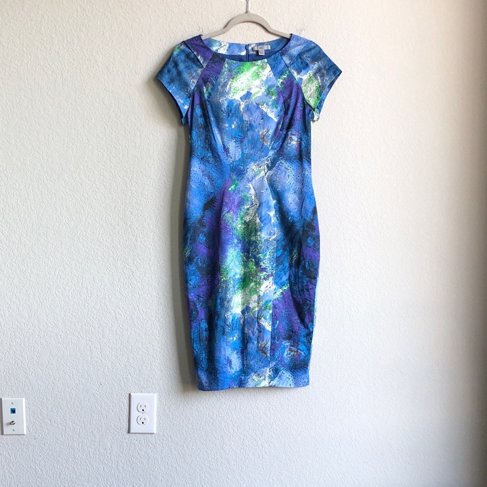 Zac Zac Posen Short Sleeve Abstract Print Dress Office Business Blue Green Work